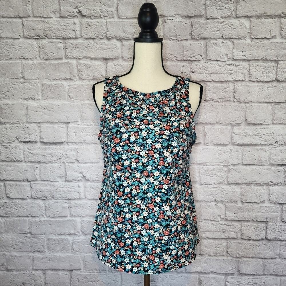 Lands End Swim Top Tankini 6 Black Blue Coral Ditsy Floral Padded Scoop Neck 14P - Picture 2 of 8